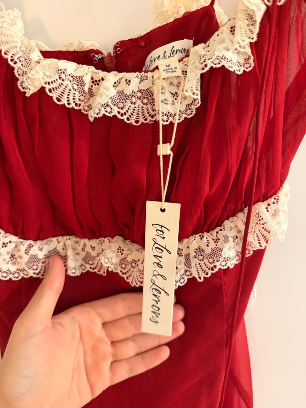 For Love And Lemons Charlotte Midi Red Dress with Cream Lace Trim - Picture 10 of 10